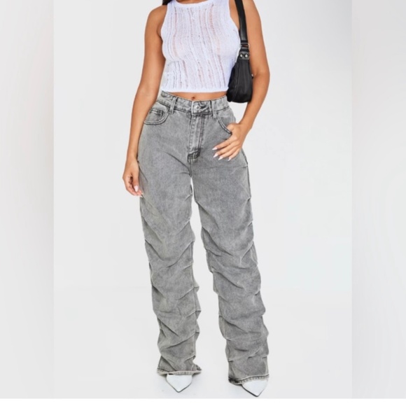 PrettyLittleThing Denim - PRETTYLITTLETHING Washed grey ruched straight leg denim jeans size 4 US